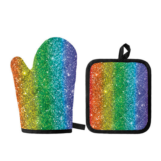 Rainbow (NOT Real) Glitter Print Oven Mitt And Pot Holder Set