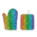 Rainbow (NOT Real) Glitter Print Oven Mitt And Pot Holder Set