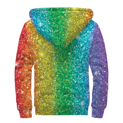 Rainbow (NOT Real) Glitter Print Sherpa Lined Zip Up Hoodie