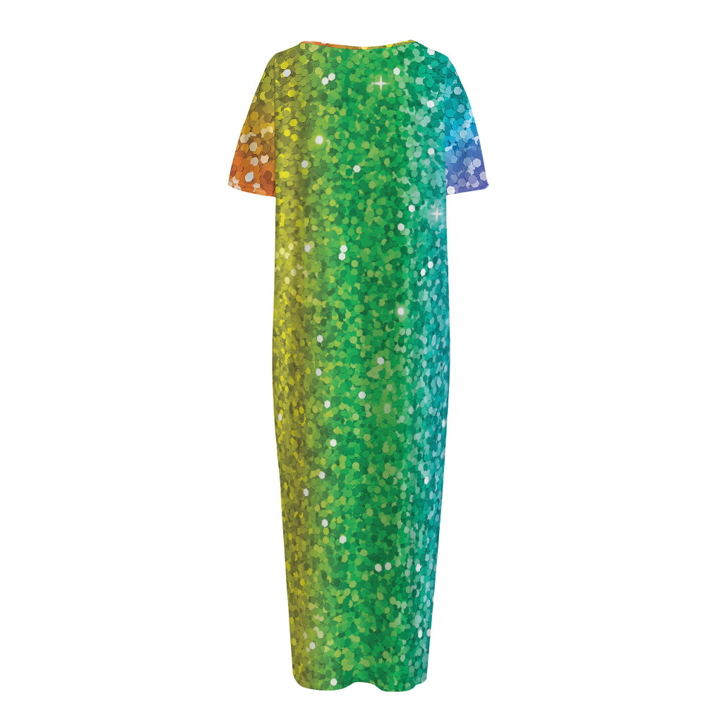 Rainbow (NOT Real) Glitter Print Short Sleeve Long Nightdress