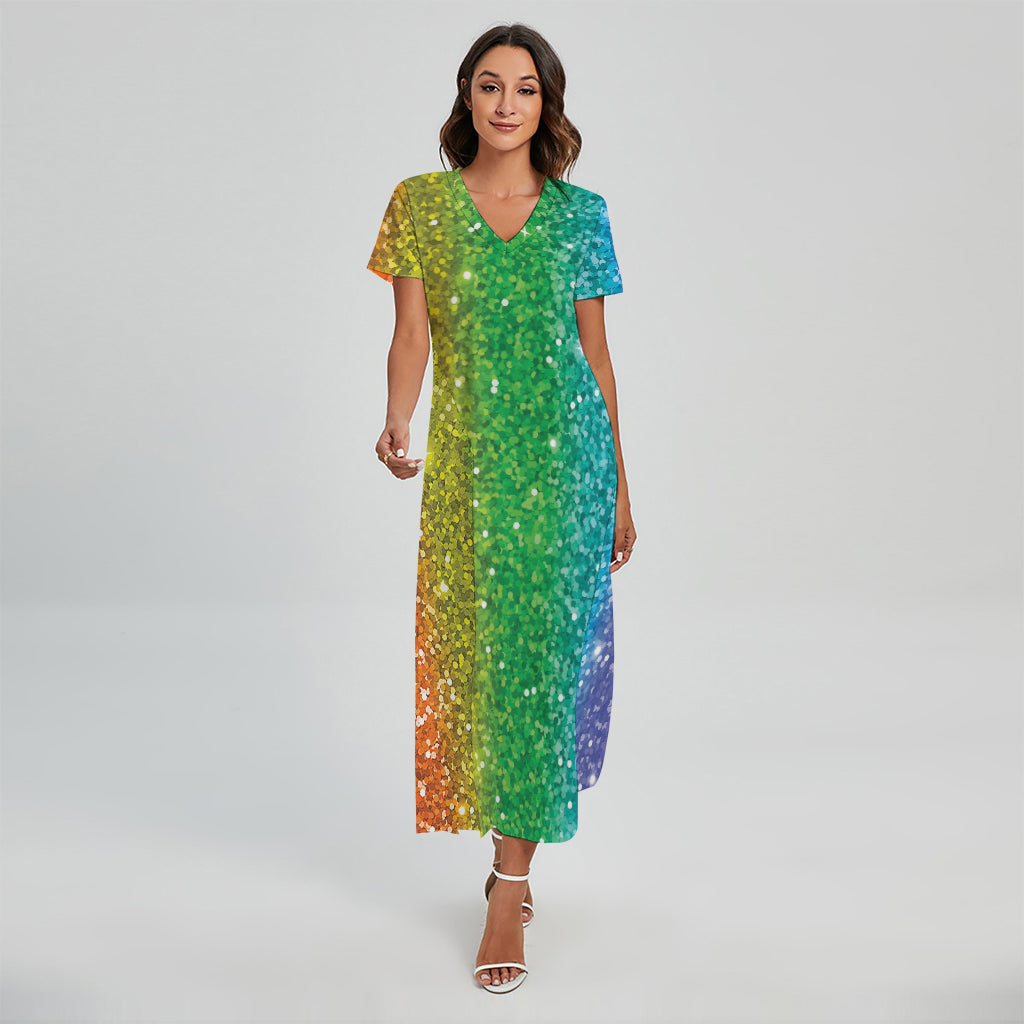 Rainbow (NOT Real) Glitter Print Short Sleeve Maxi Dress
