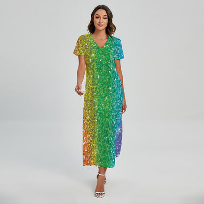 Rainbow (NOT Real) Glitter Print Short Sleeve Maxi Dress