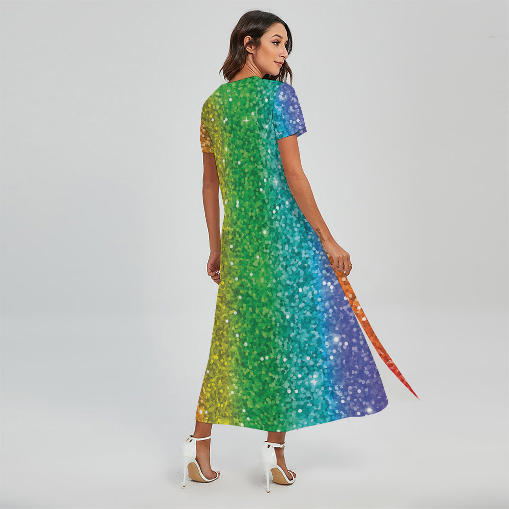 Rainbow (NOT Real) Glitter Print Short Sleeve Maxi Dress