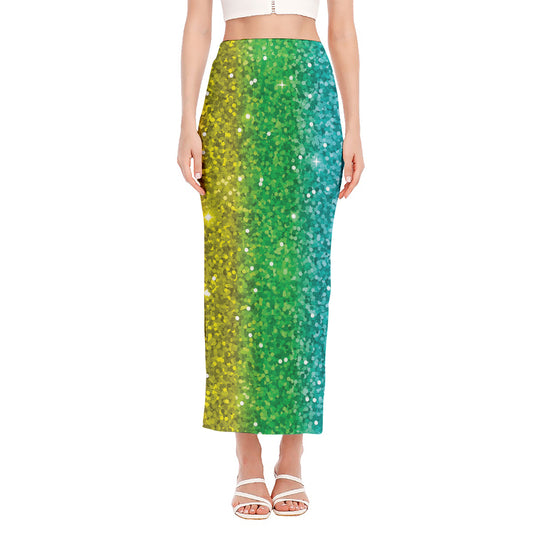 Rainbow (NOT Real) Glitter Print Side Slit Maxi Skirt