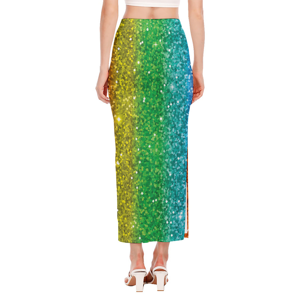 Rainbow (NOT Real) Glitter Print Side Slit Maxi Skirt