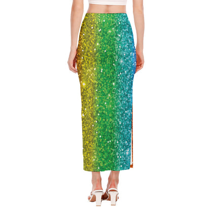 Rainbow (NOT Real) Glitter Print Side Slit Maxi Skirt
