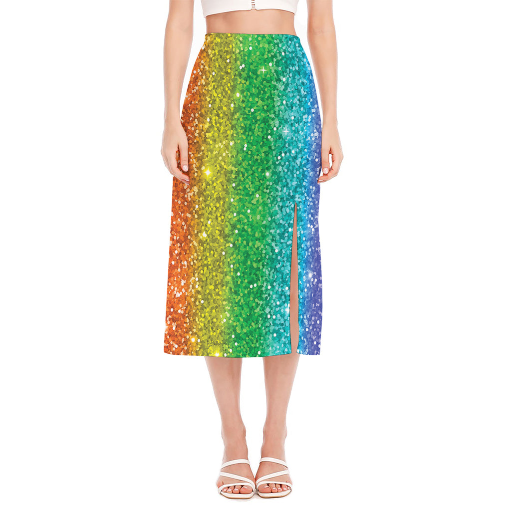 Rainbow (NOT Real) Glitter Print Side Slit Midi Skirt