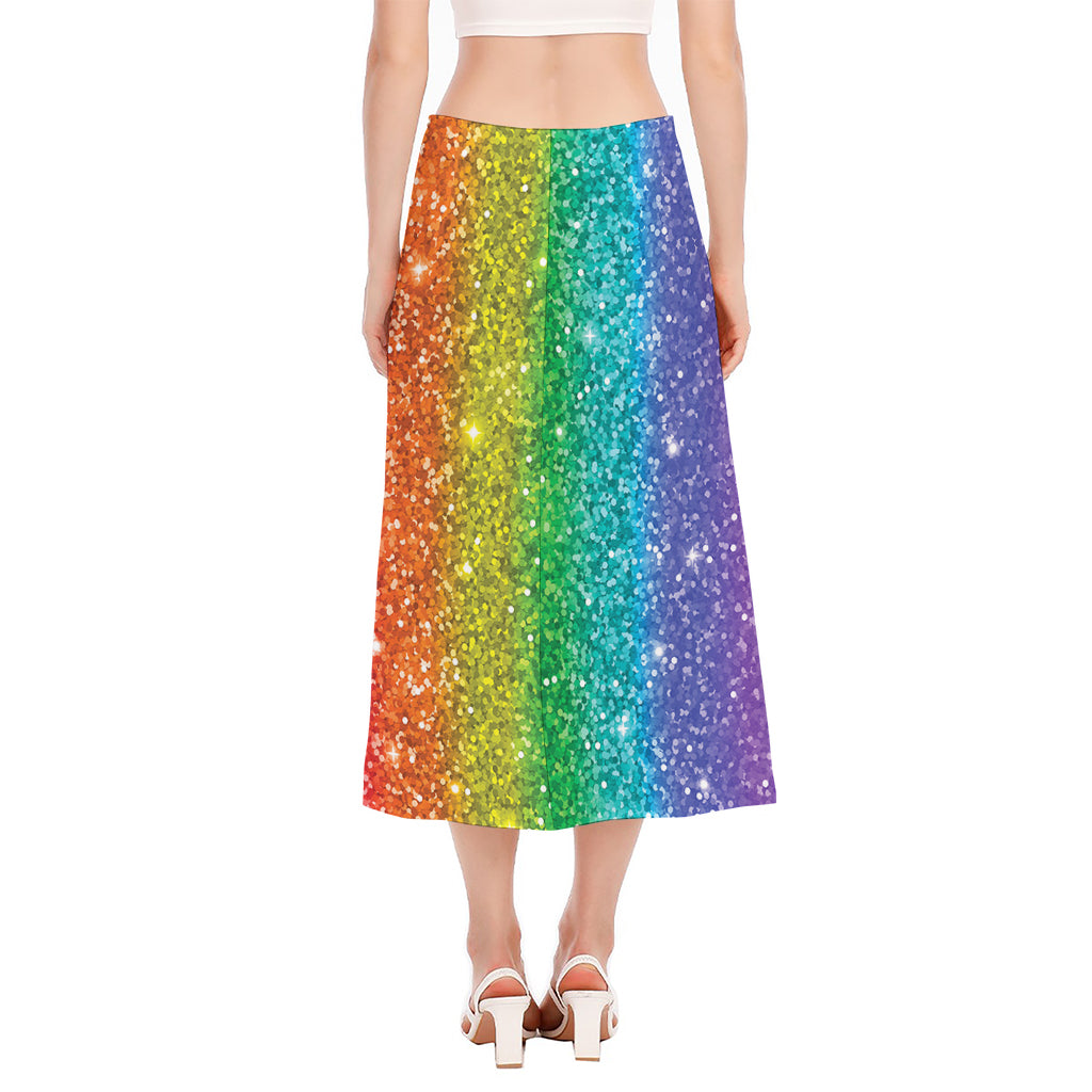 Rainbow (NOT Real) Glitter Print Side Slit Midi Skirt