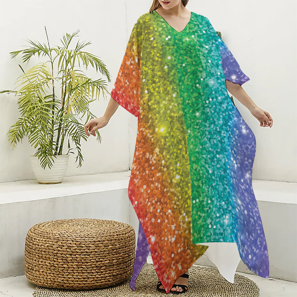 Rainbow (NOT Real) Glitter Print Silk V-Neck Kaftan Dress