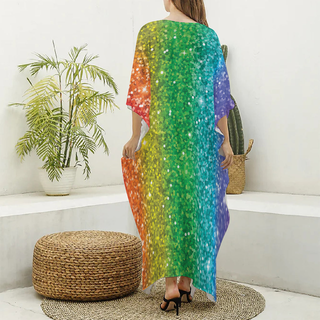 Rainbow (NOT Real) Glitter Print Silk V-Neck Kaftan Dress