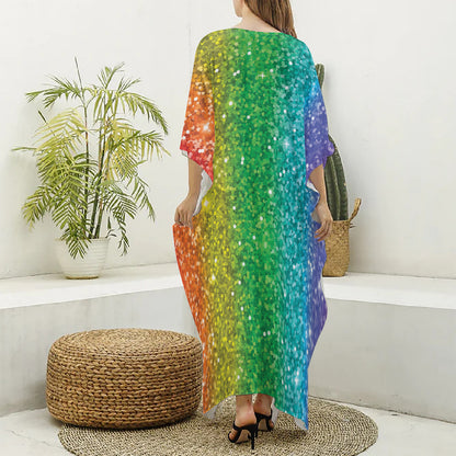 Rainbow (NOT Real) Glitter Print Silk V-Neck Kaftan Dress
