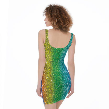 Rainbow (NOT Real) Glitter Print Sleeveless Bodycon Dress
