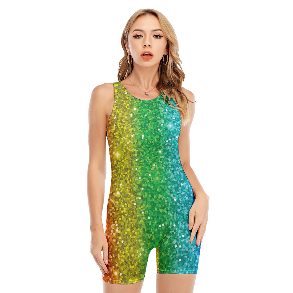 Rainbow (NOT Real) Glitter Print Sleeveless One Piece Swimsuit