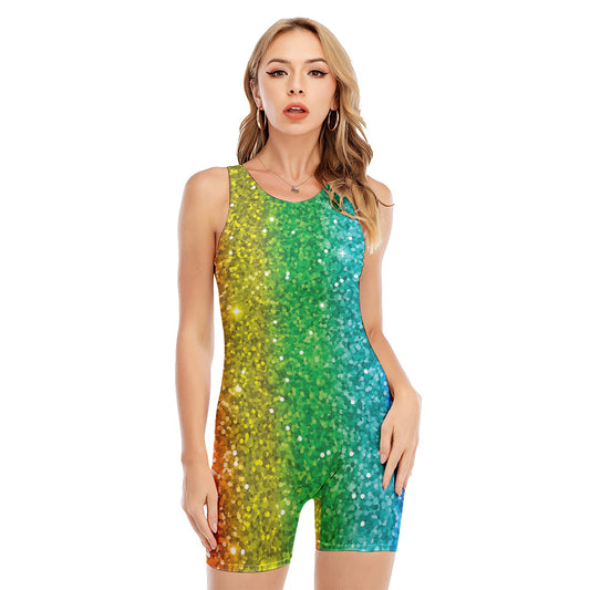 Rainbow (NOT Real) Glitter Print Sleeveless One Piece Swimsuit