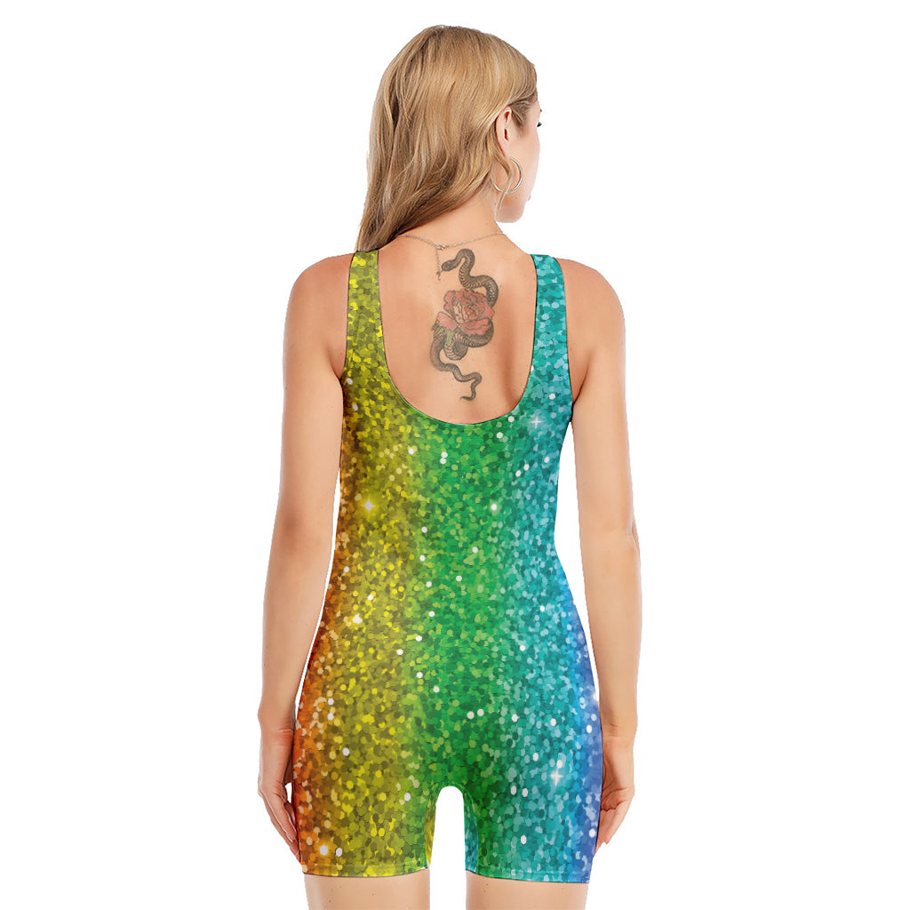 Rainbow (NOT Real) Glitter Print Sleeveless One Piece Swimsuit