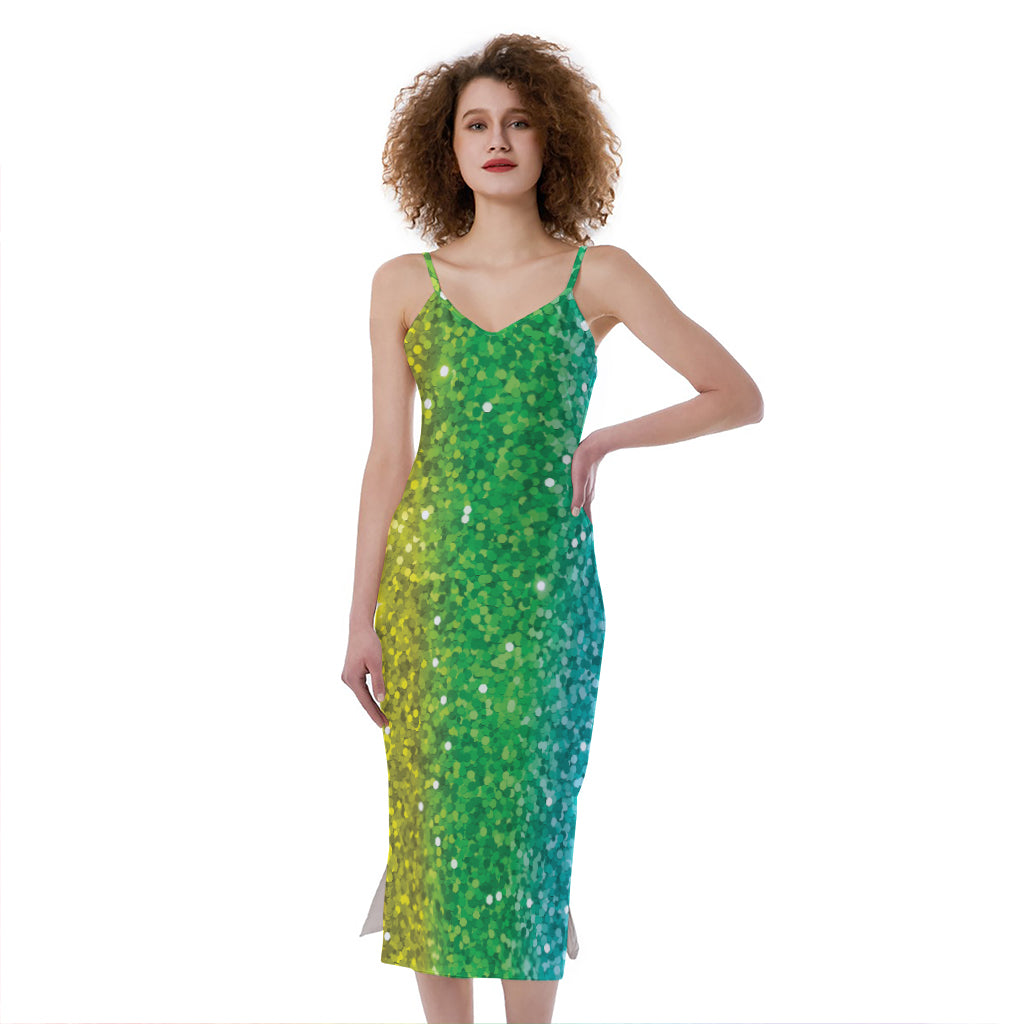 Rainbow (NOT Real) Glitter Print Slim Fit Midi Cami Dress