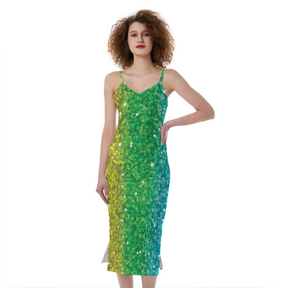 Rainbow (NOT Real) Glitter Print Slim Fit Midi Cami Dress