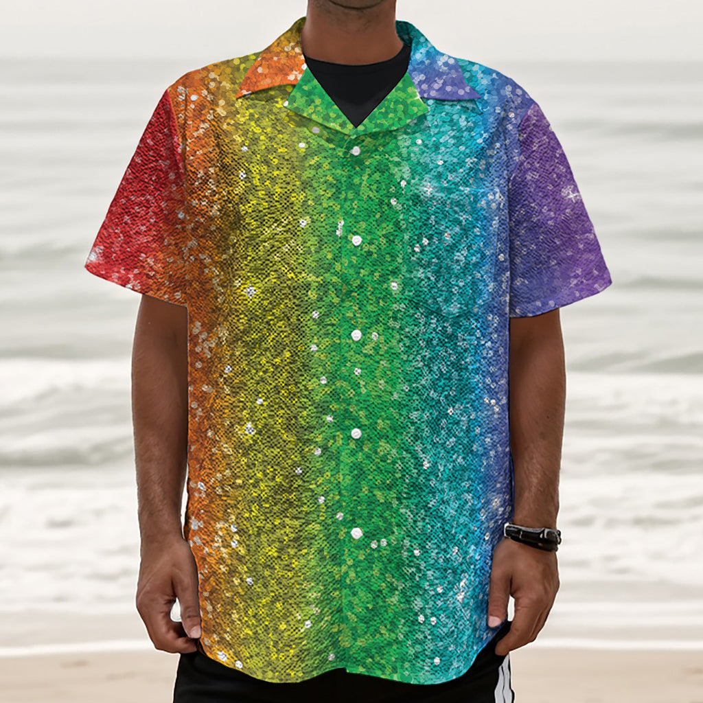 Rainbow (NOT Real) Glitter Print Textured Short Sleeve Shirt