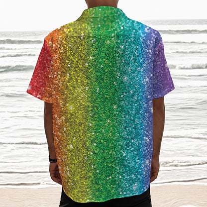 Rainbow (NOT Real) Glitter Print Textured Short Sleeve Shirt