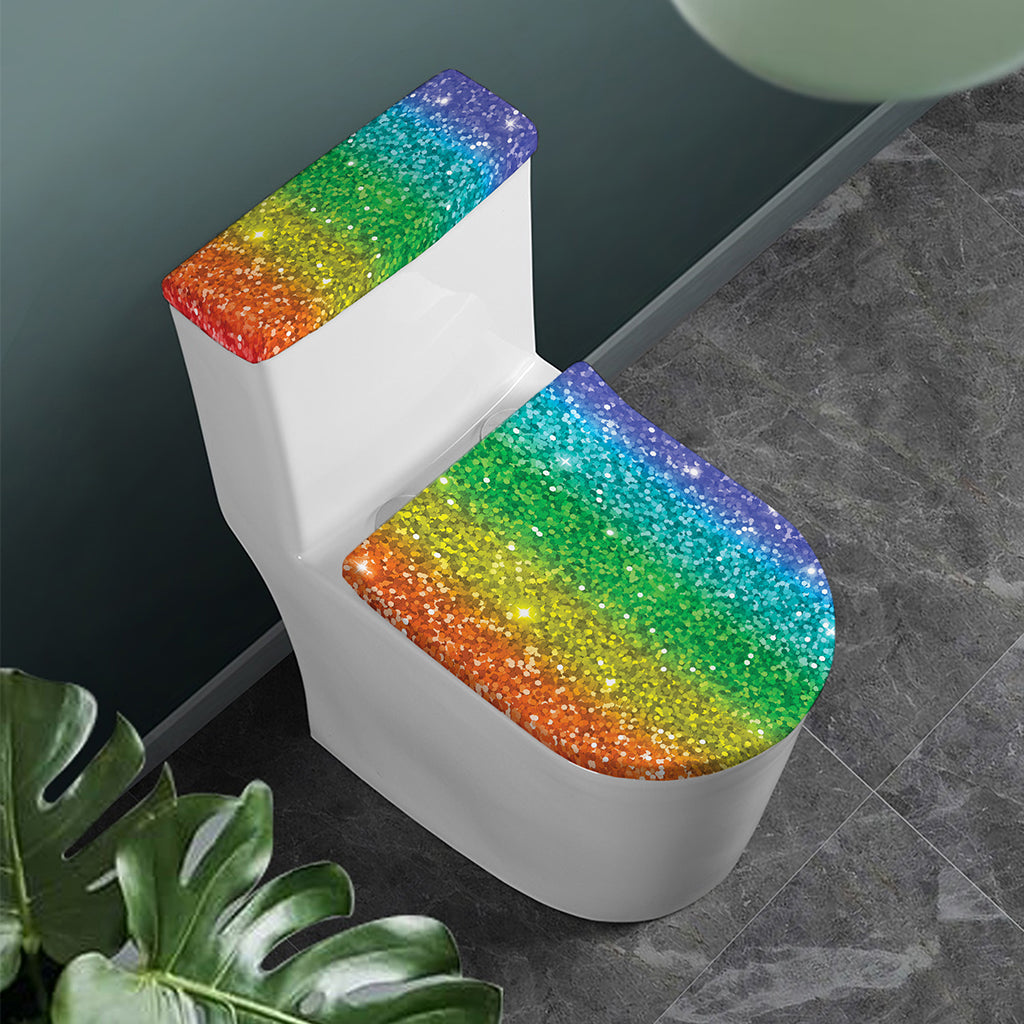 Rainbow (NOT Real) Glitter Print Toilet Lid And Tank Cover Set