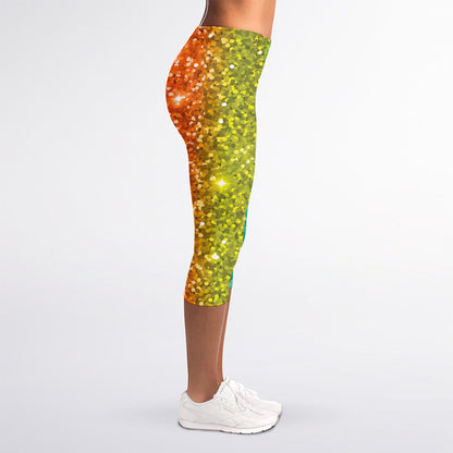 Rainbow (NOT Real) Glitter Print Women's Capri Leggings