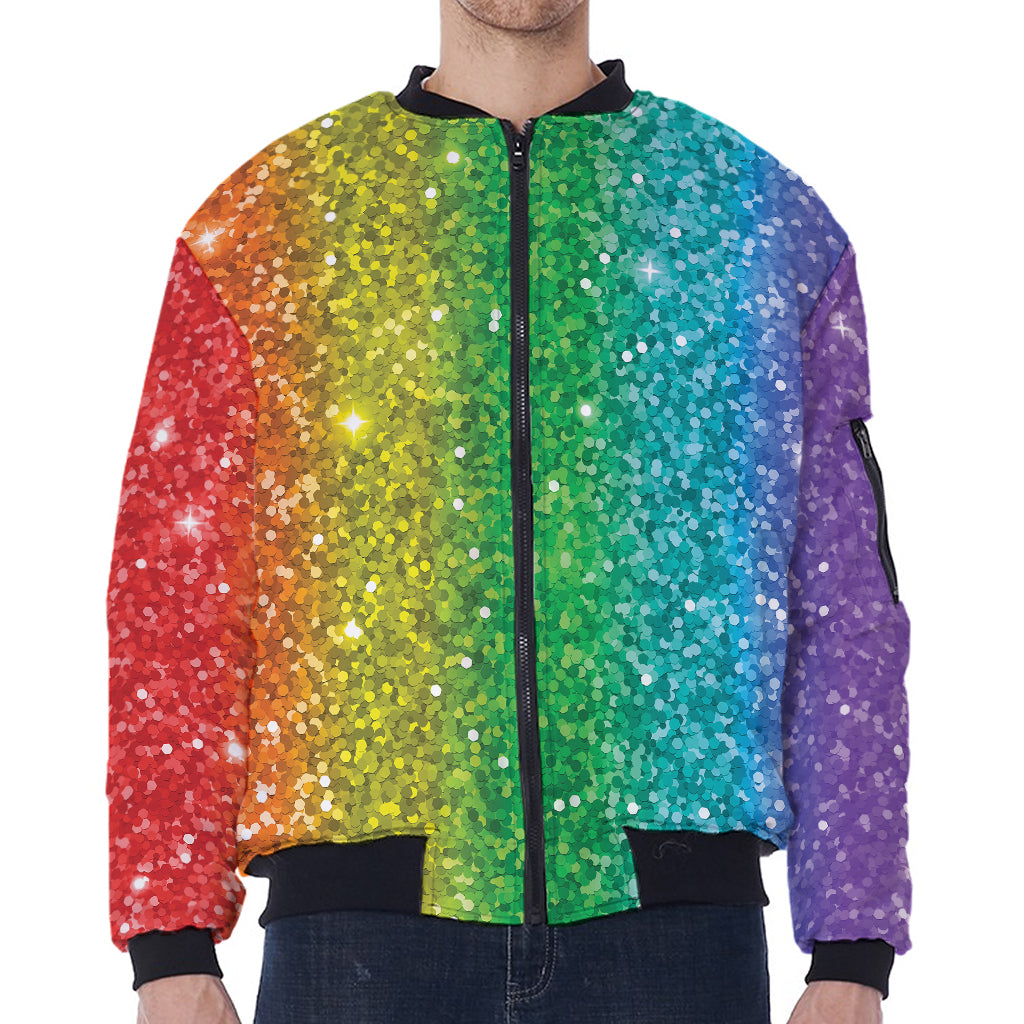 Rainbow (NOT Real) Glitter Print Zip Sleeve Bomber Jacket