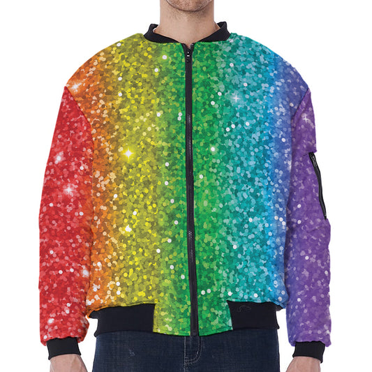 Rainbow (NOT Real) Glitter Print Zip Sleeve Bomber Jacket