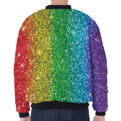 Rainbow (NOT Real) Glitter Print Zip Sleeve Bomber Jacket