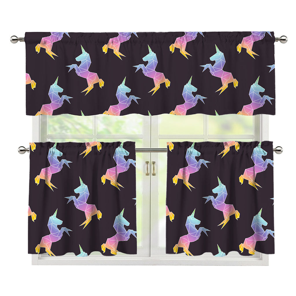 Rainbow Origami Unicorn Pattern Print 3 Piece Kitchen Curtains