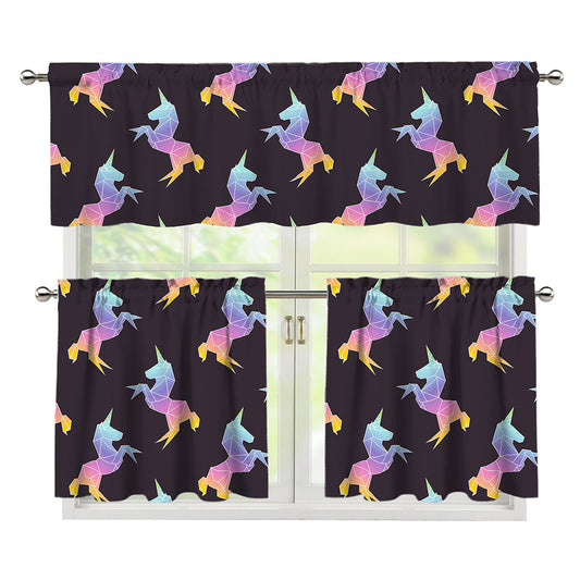 Rainbow Origami Unicorn Pattern Print 3 Piece Kitchen Curtains