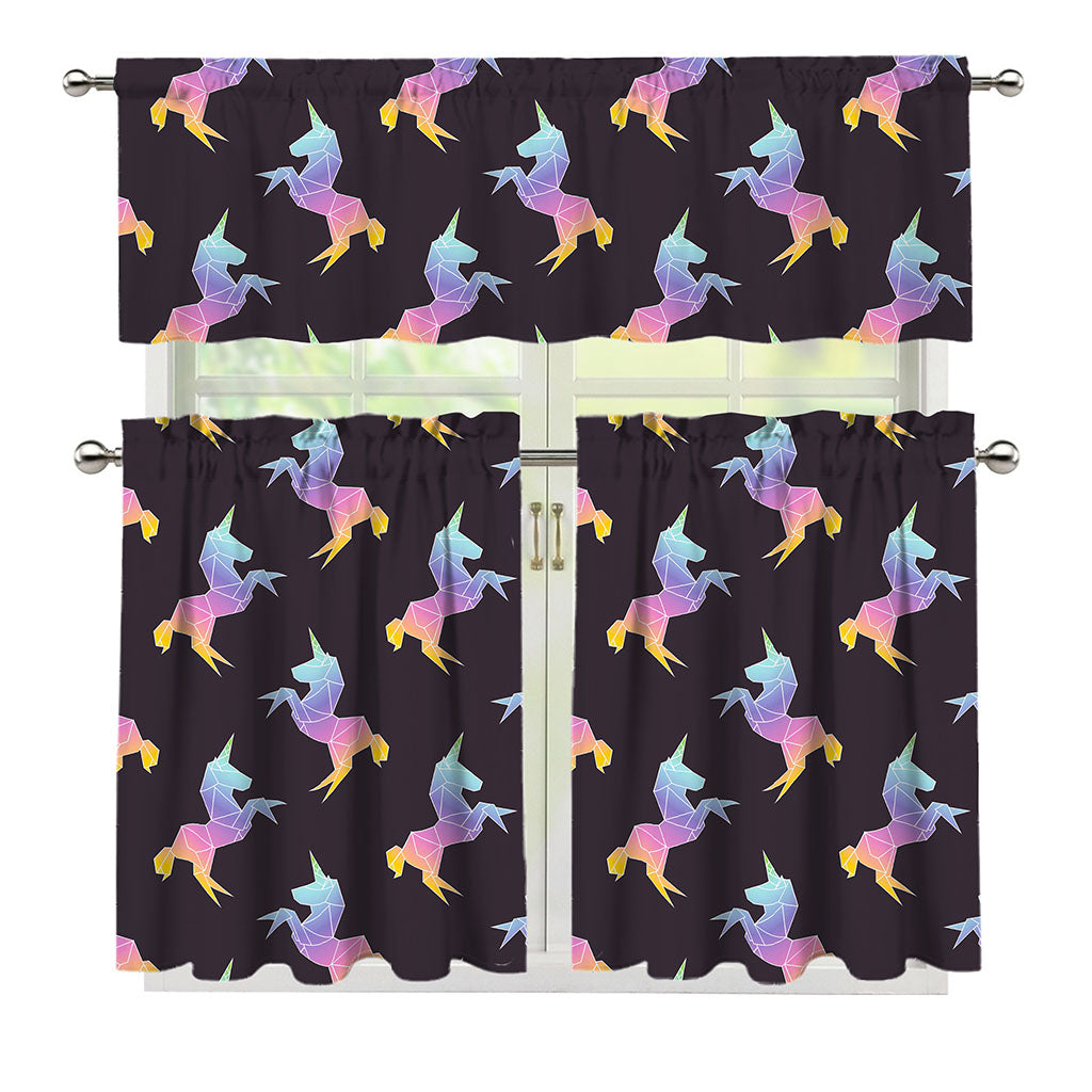 Rainbow Origami Unicorn Pattern Print 3 Piece Kitchen Curtains
