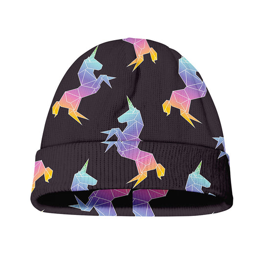 Rainbow Origami Unicorn Pattern Print Beanie