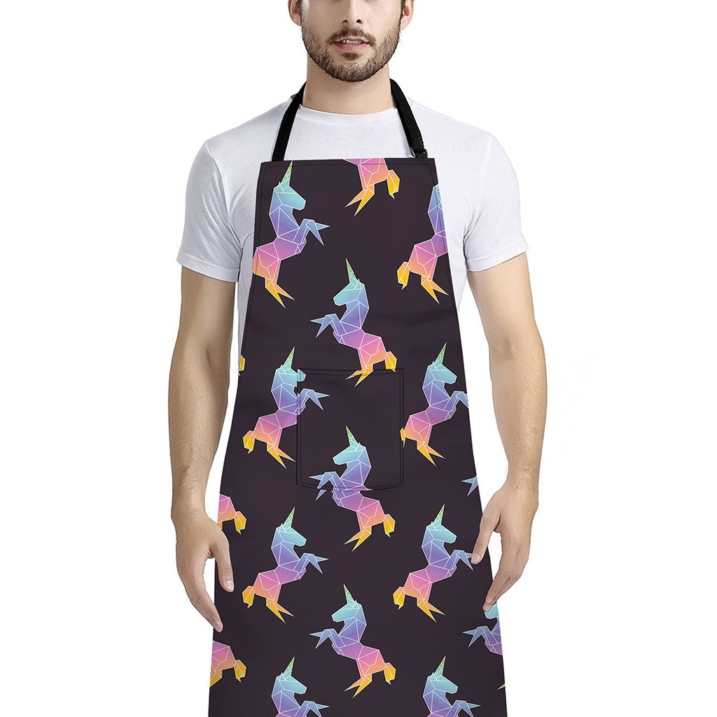 Rainbow Origami Unicorn Pattern Print Bib Apron With Pocket