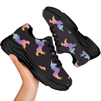 Rainbow Origami Unicorn Pattern Print Black Chunky Shoes