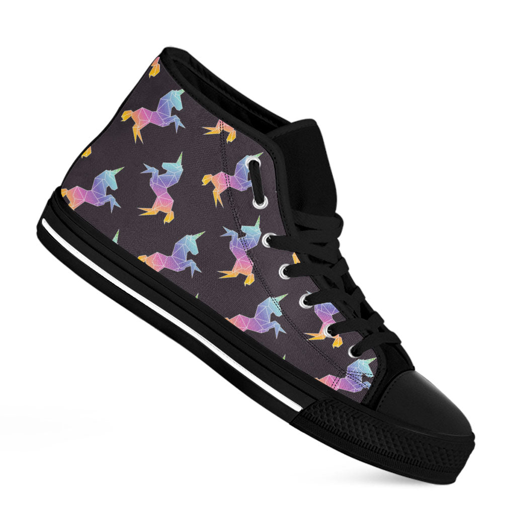 Rainbow Origami Unicorn Pattern Print Black High Top Sneakers