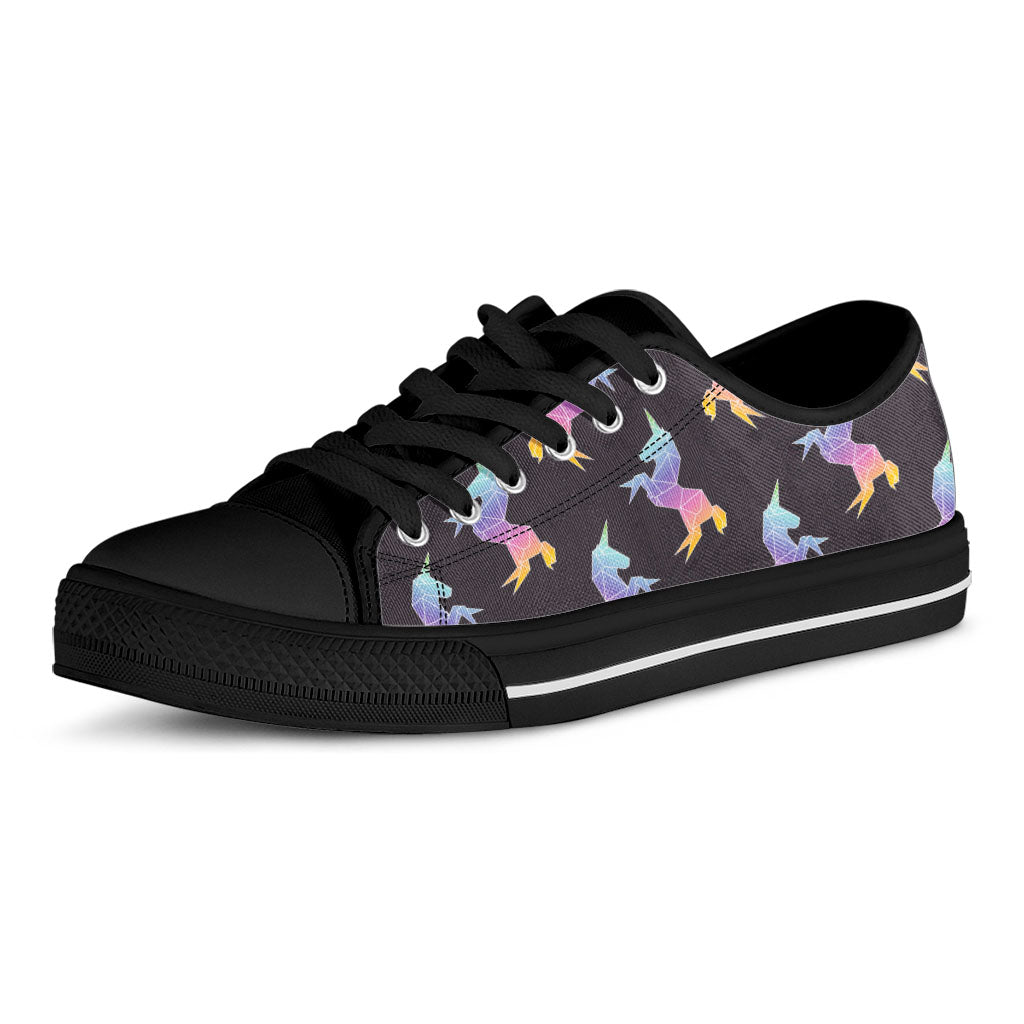 Rainbow Origami Unicorn Pattern Print Black Low Top Sneakers