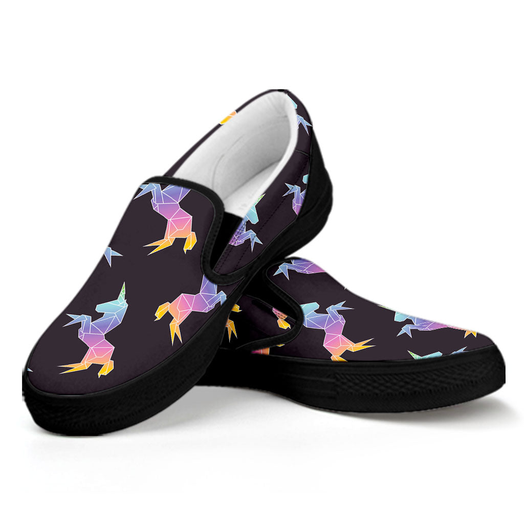 Rainbow Origami Unicorn Pattern Print Black Slip On Sneakers