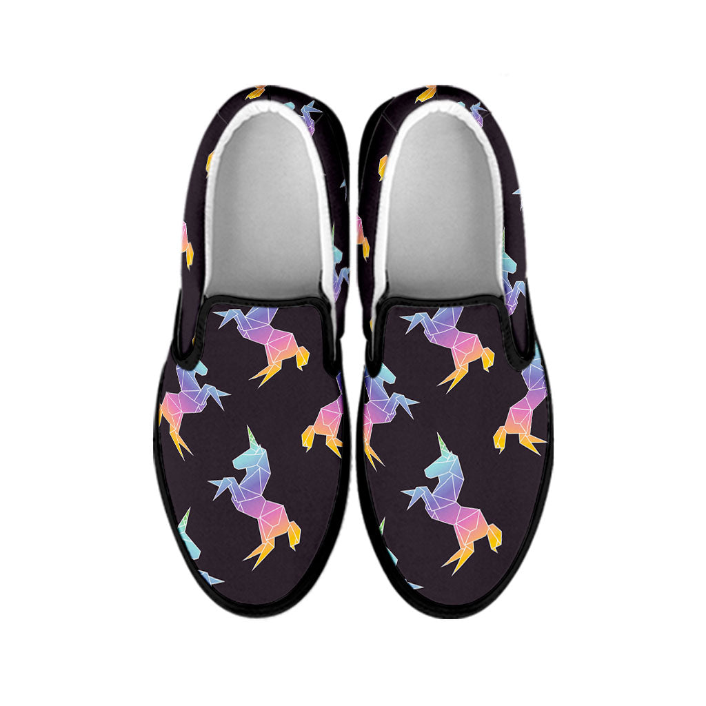 Rainbow Origami Unicorn Pattern Print Black Slip On Sneakers