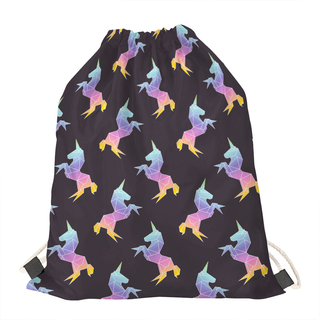 Rainbow Origami Unicorn Pattern Print Drawstring Bag