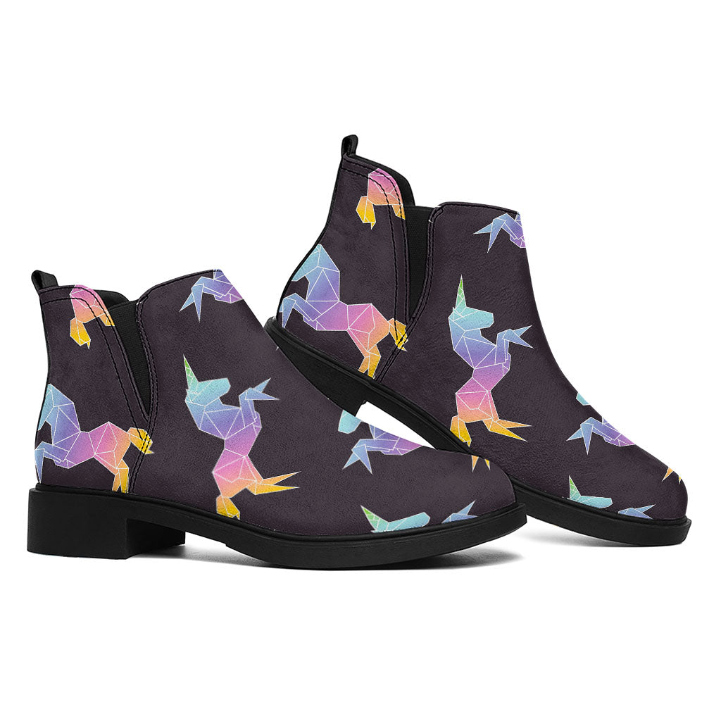 Rainbow Origami Unicorn Pattern Print Flat Ankle Boots