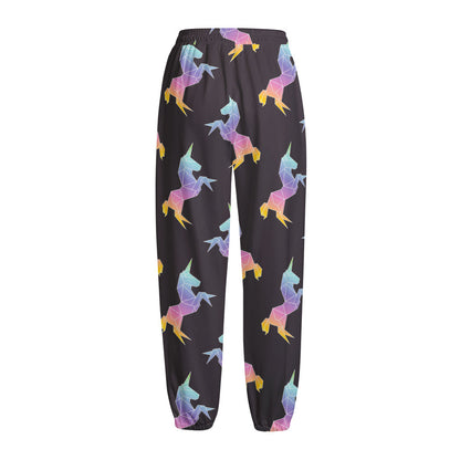 Rainbow Origami Unicorn Pattern Print Fleece Lined Knit Pants