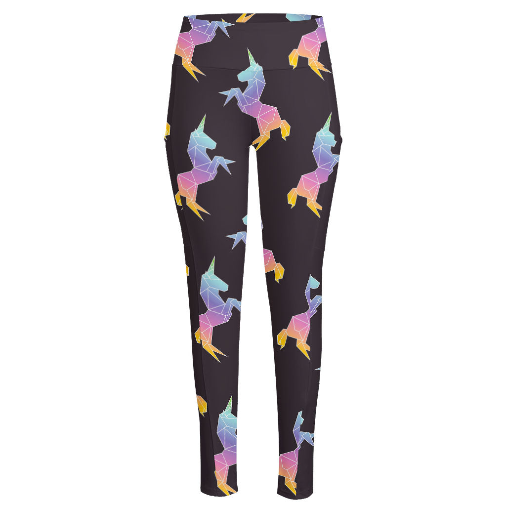 Rainbow Origami Unicorn Pattern Print High-Waisted Pocket Leggings