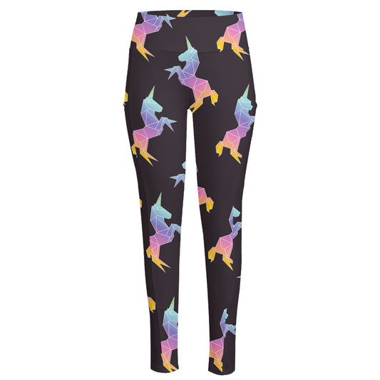 Rainbow Origami Unicorn Pattern Print High-Waisted Pocket Leggings