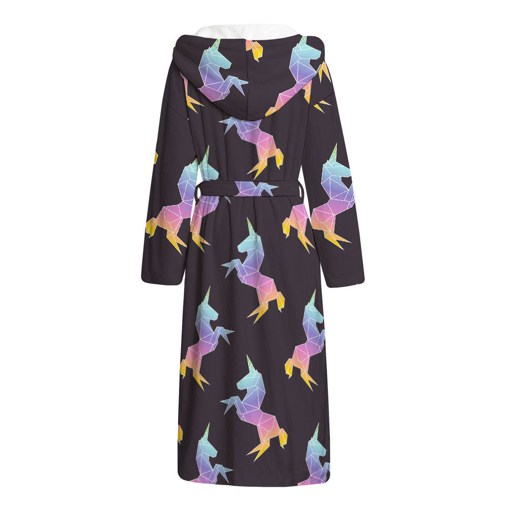 Rainbow Origami Unicorn Pattern Print Hooded Bathrobe