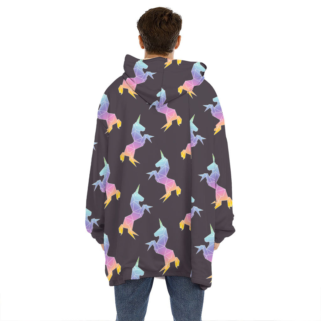 Rainbow Origami Unicorn Pattern Print Hoodie Blanket