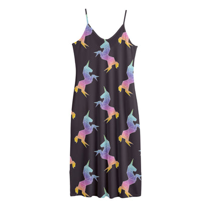 Rainbow Origami Unicorn Pattern Print Jersey Midi Cami Dress