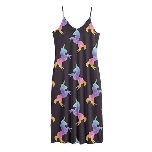 Rainbow Origami Unicorn Pattern Print Jersey Midi Cami Dress