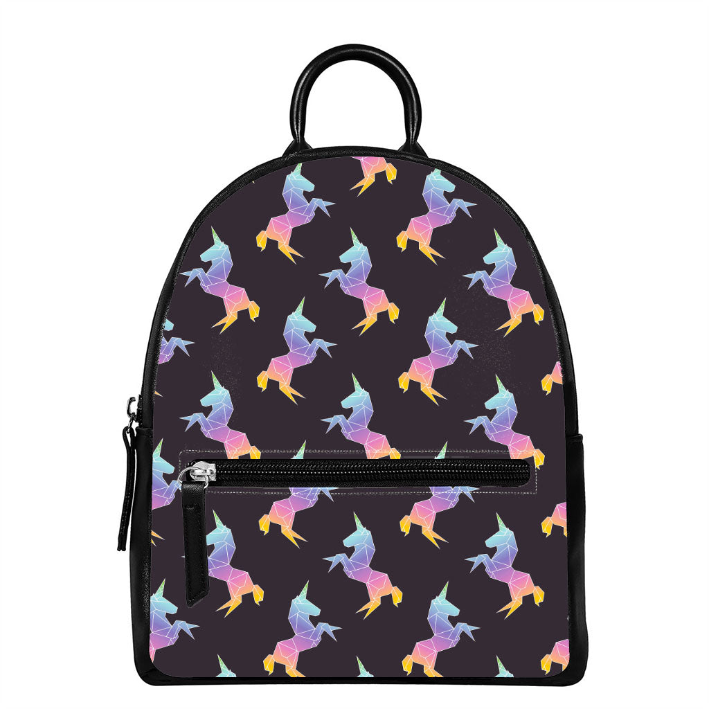 Rainbow Origami Unicorn Pattern Print Leather Backpack