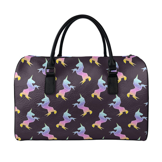 Rainbow Origami Unicorn Pattern Print Leather Duffle Bag