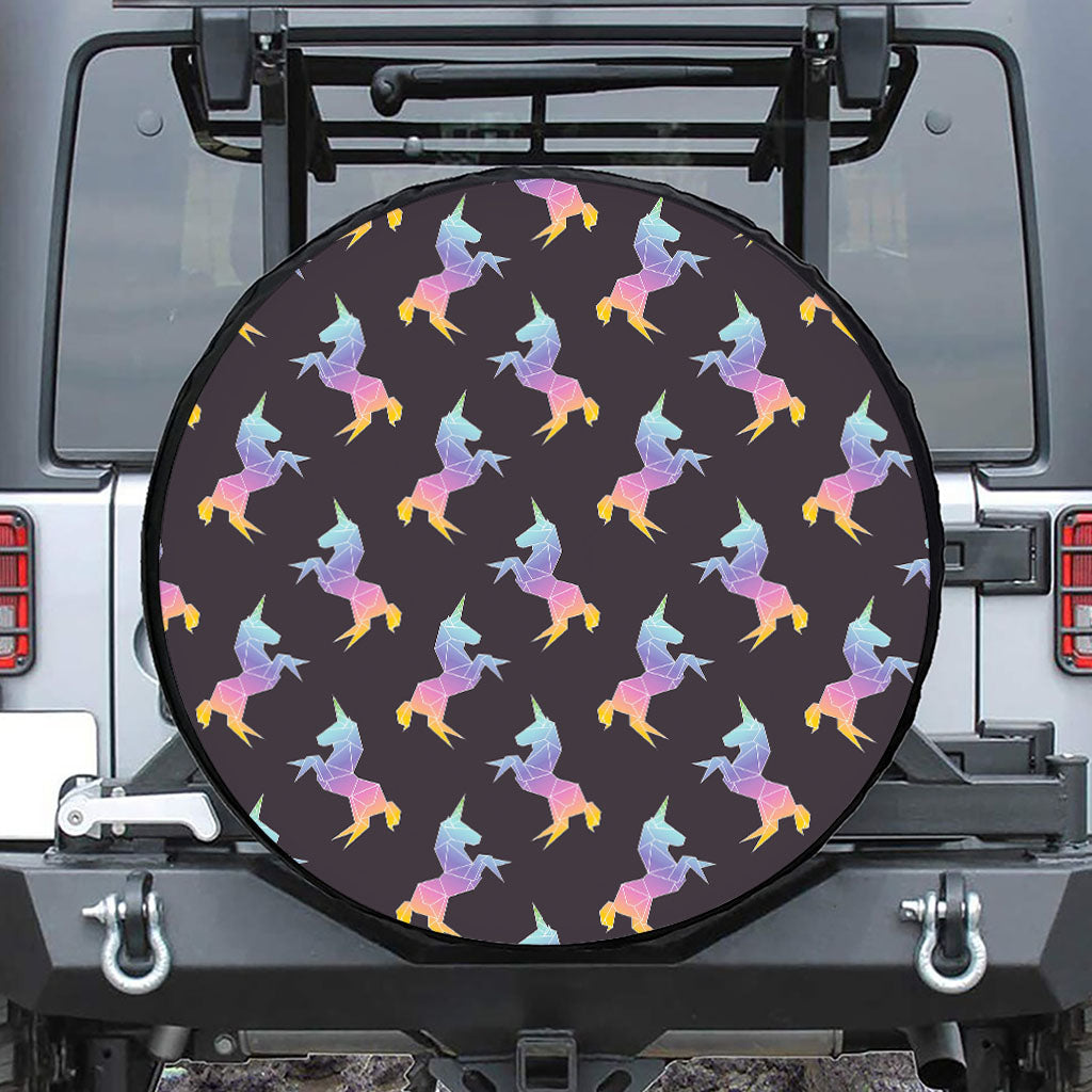 Rainbow Origami Unicorn Pattern Print Leather Spare Tire Cover